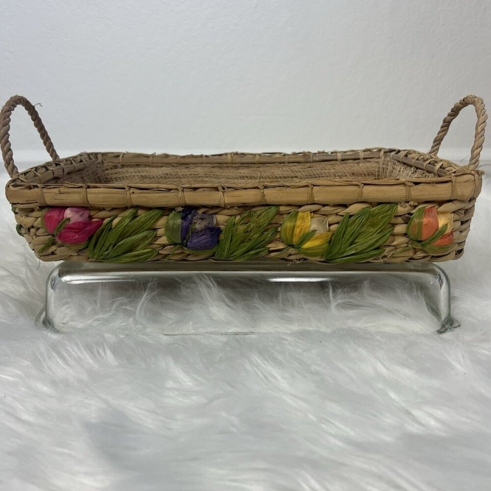 Vintage Pyrex Baking Dish & Woven Floral Casserole Travel/ Holder Basket Tray